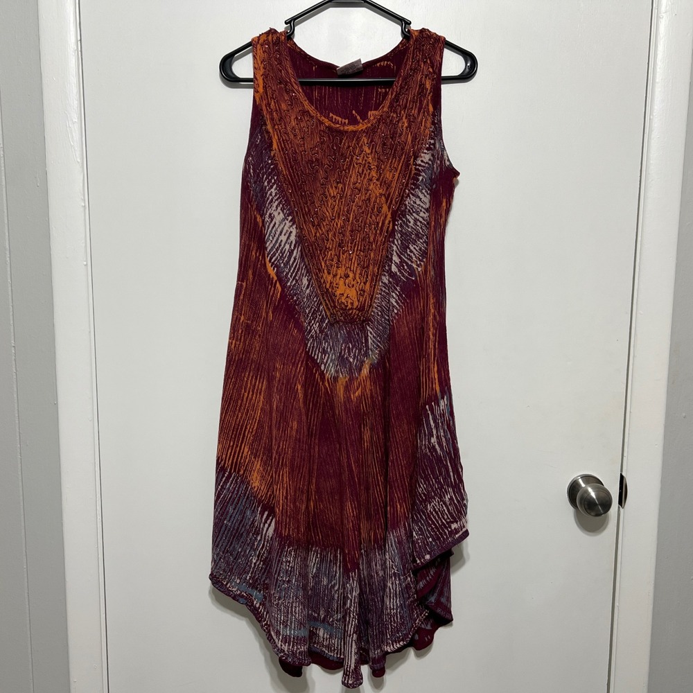 Womens Tie Dye Beaded Boho Dress‎ Cover Up Sleeveless Free Size Festival Indie